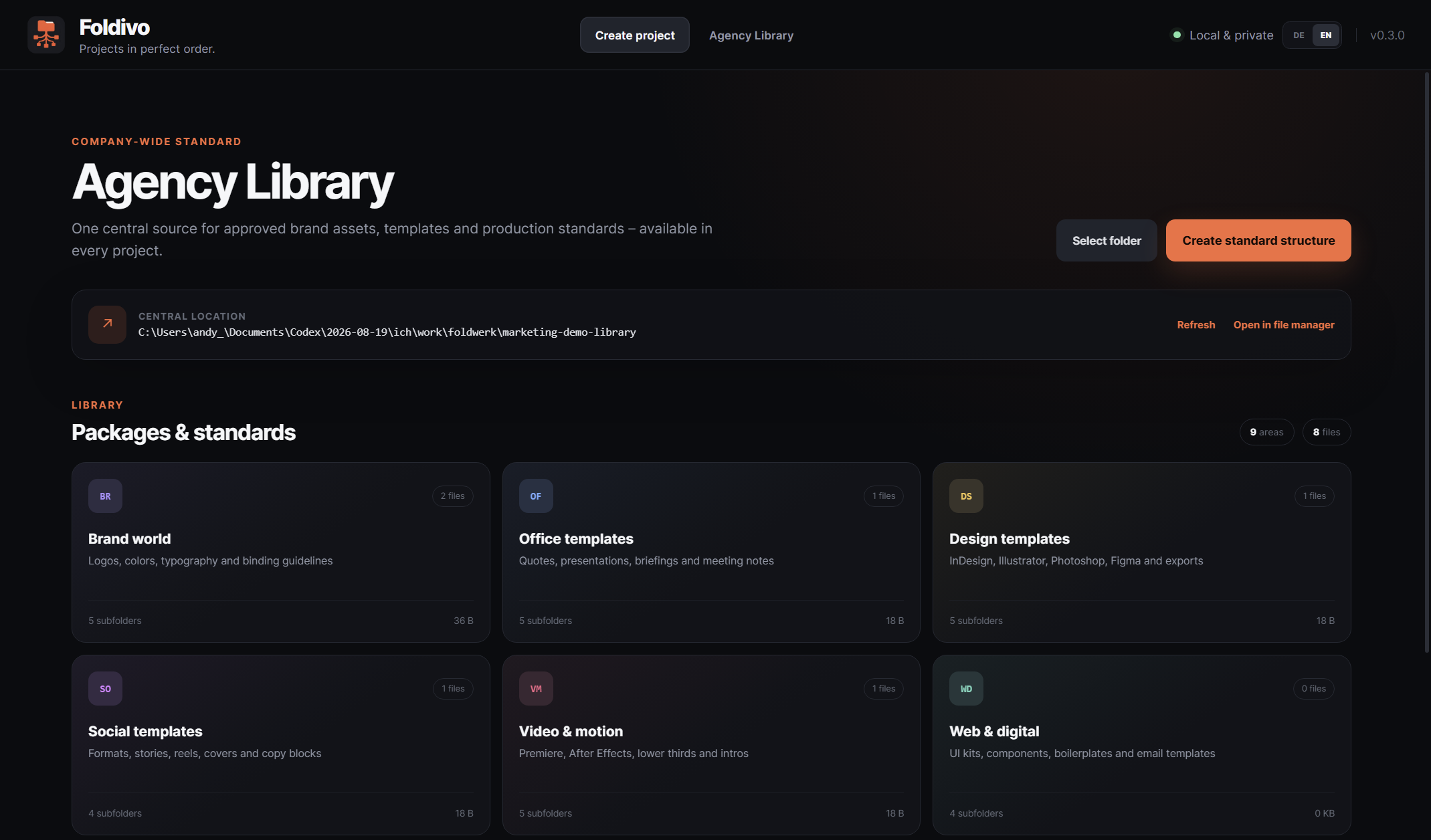 Foldivo Agency Library with central categories and assets