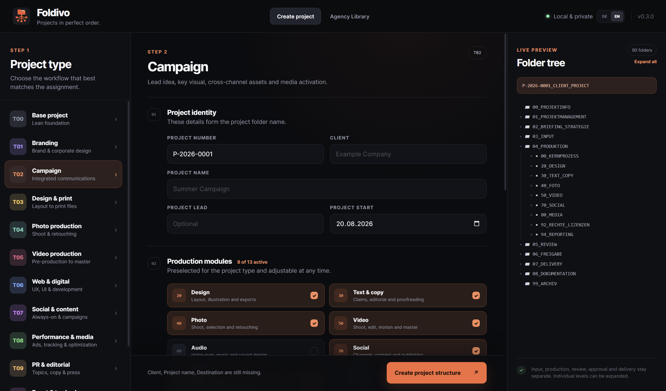 Foldivo Projektgenerator mit Projekttypen und Live-Ordnerbaum